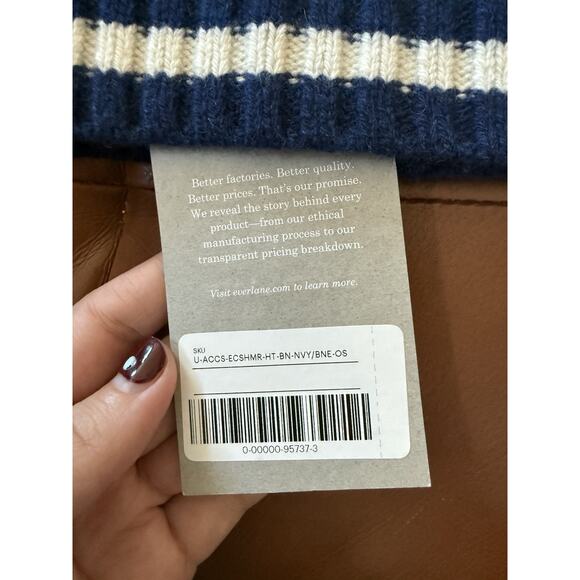 NWT EVERLANE Navy Blue Cream Striped Recycled Cashmere Ribbed Knit Beanie - Picture 2 of 4